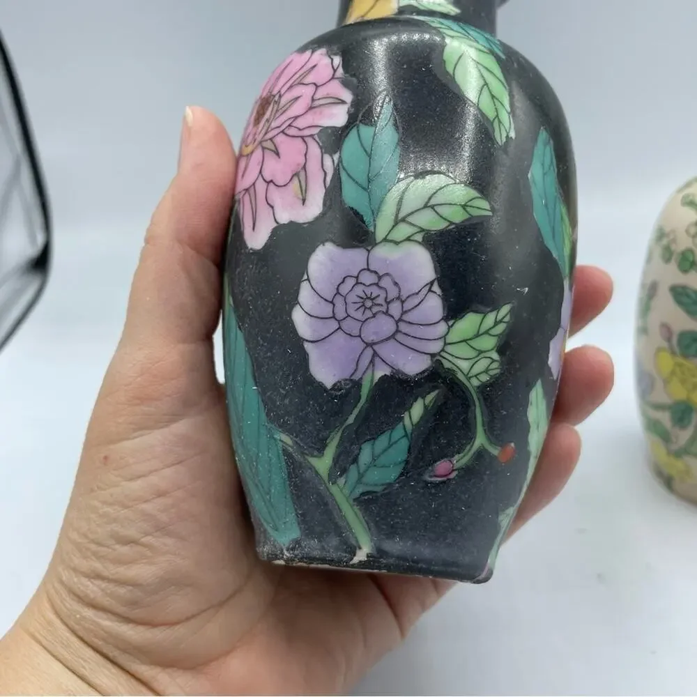 Vintage Mini Vase Set Black & White Floral Made in China